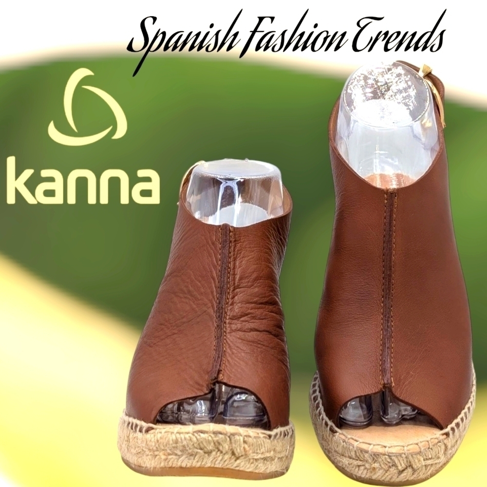 Kanna Peep Toe Spain Slingback Brown Leather Espadrille Wedge Sandals Size‎ 6.5